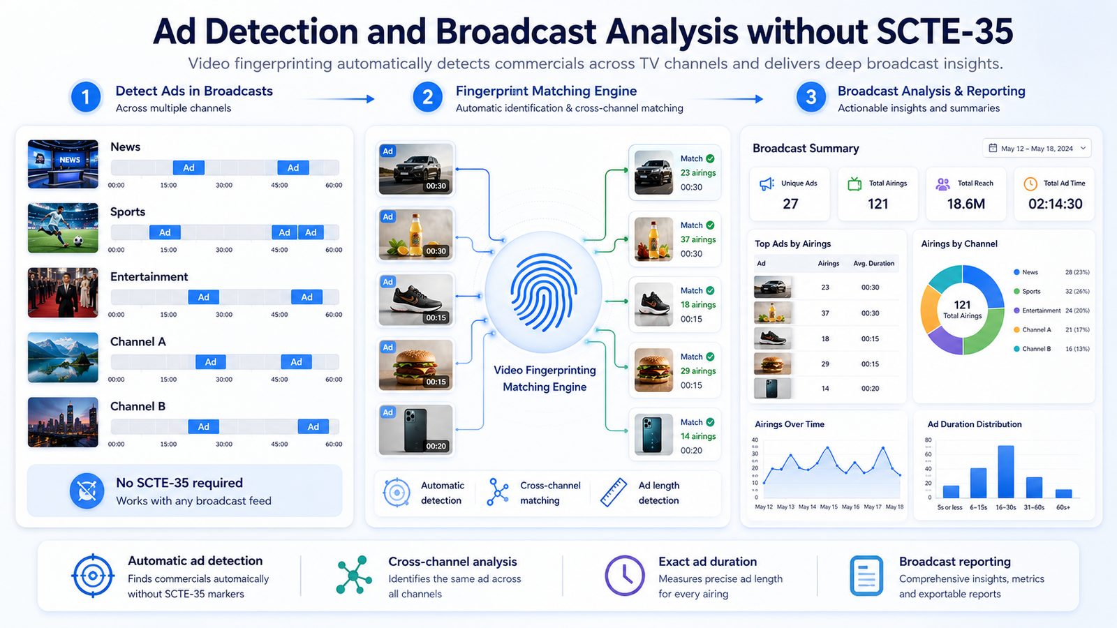 Diagram showing ads detected across multiple broadcast channels, matched by a fingerprint engine, and summarised in a broadcast analysis report