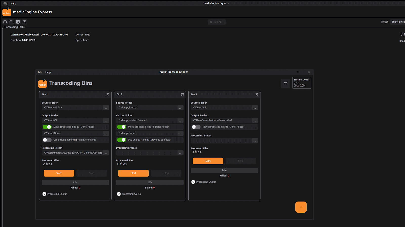mediaEngine Express graphical interface with transcoding bins and preset-based processing