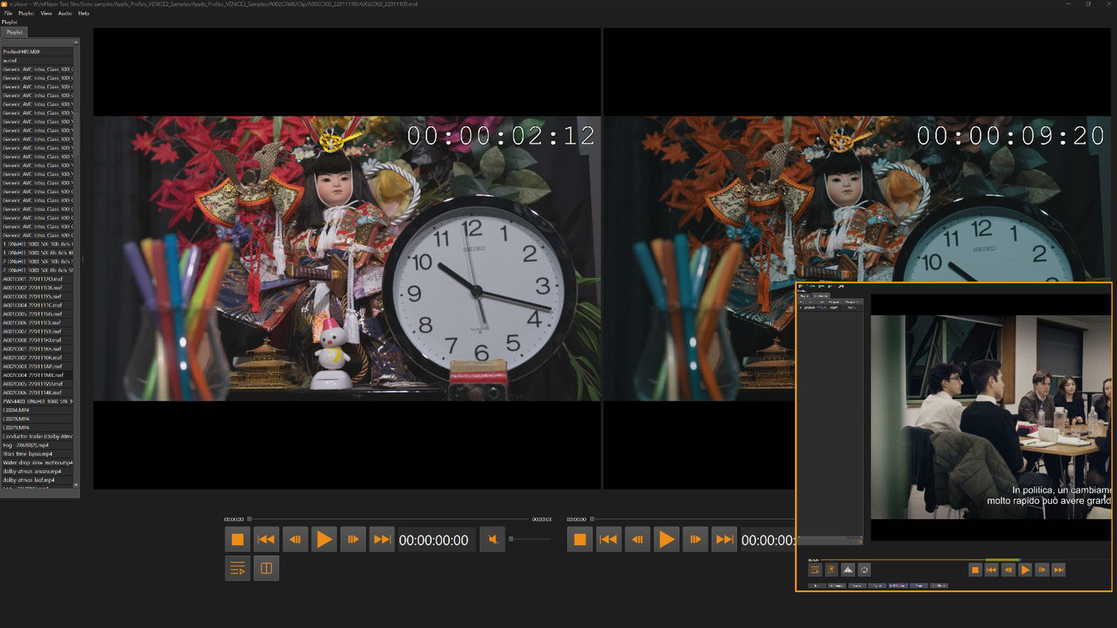n.Player side-by-side split-screen mode comparing two video files with synchronised playback