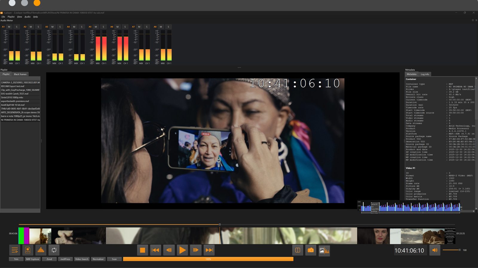 n.Player professional playback interface showing video preview, timecode, audio meters, playlist, and MXF metadata