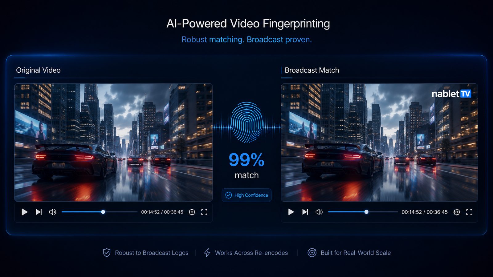 Original video matched against a broadcast version carrying a channel logo overlay, reported at 99% match confidence