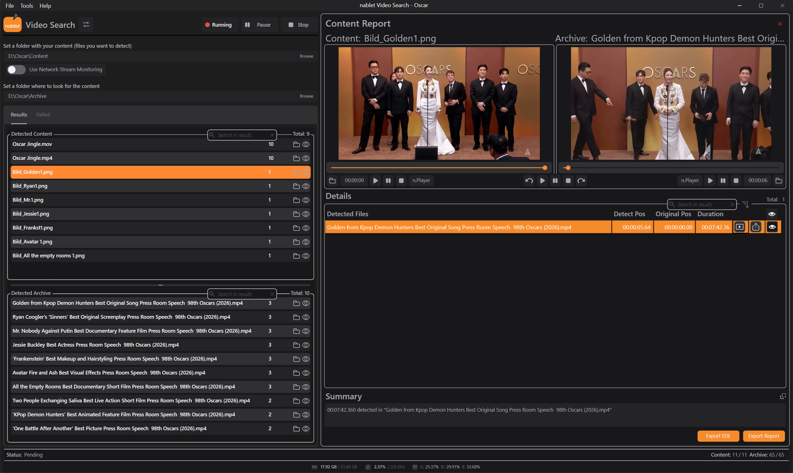 nablet Video Search interface showing a reference clip, archive clip, and highlighted match result
