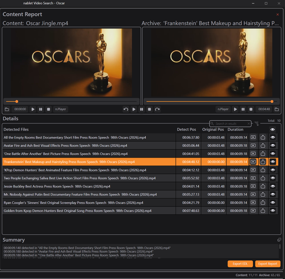 Video Search results screen with source file, detected content, timestamps, and export options